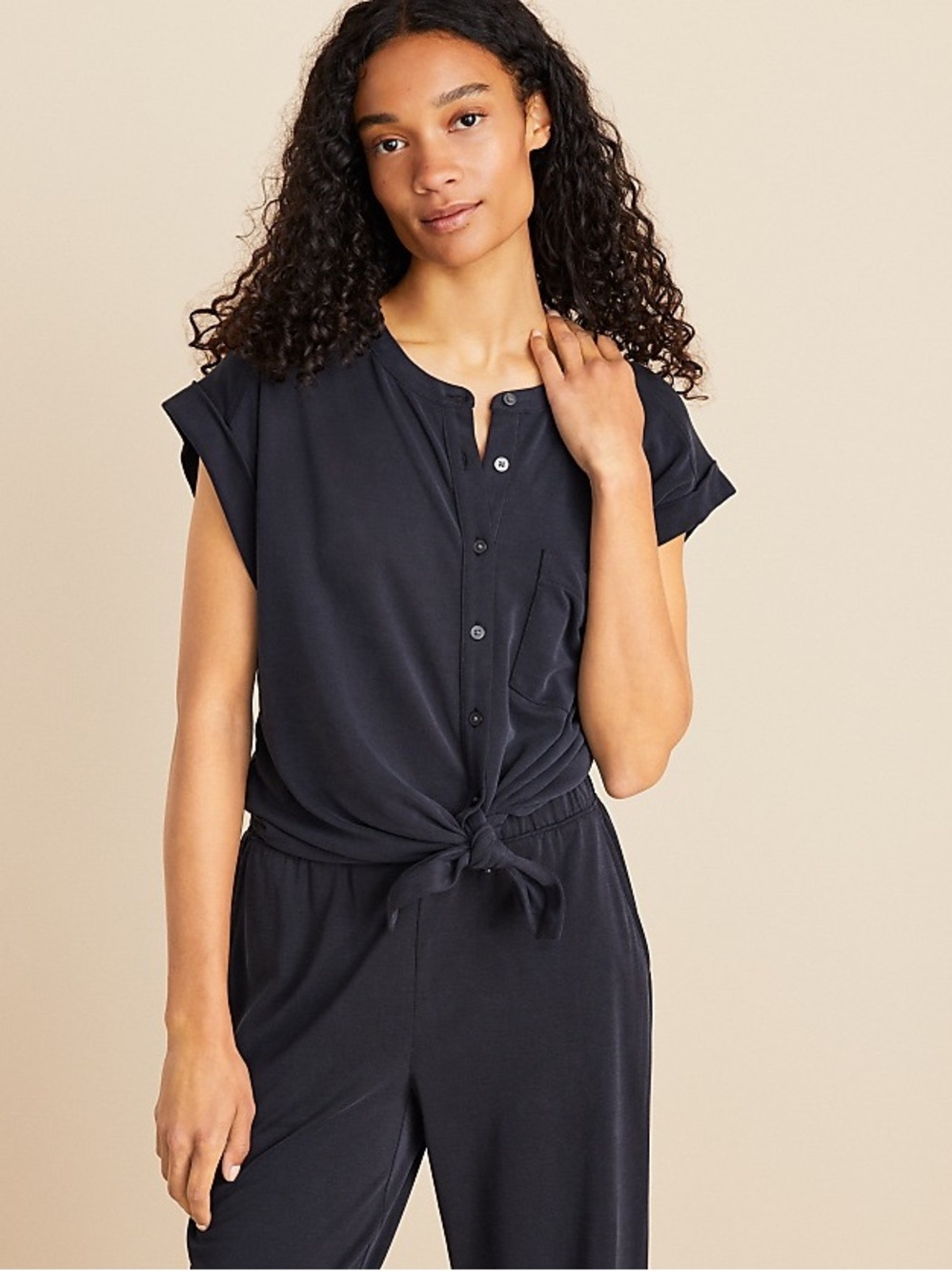 NWT Lou & Grey Sandwashed Tie Front Pocket Shirt | L